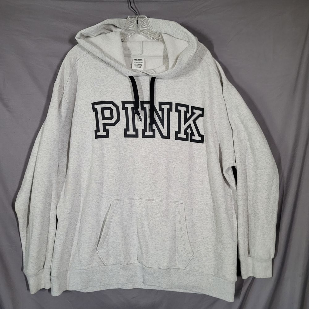 PINK Victoria's Secret Light Gray Hoodie Sweatshirt with Black Logo - Picture 1 of 3